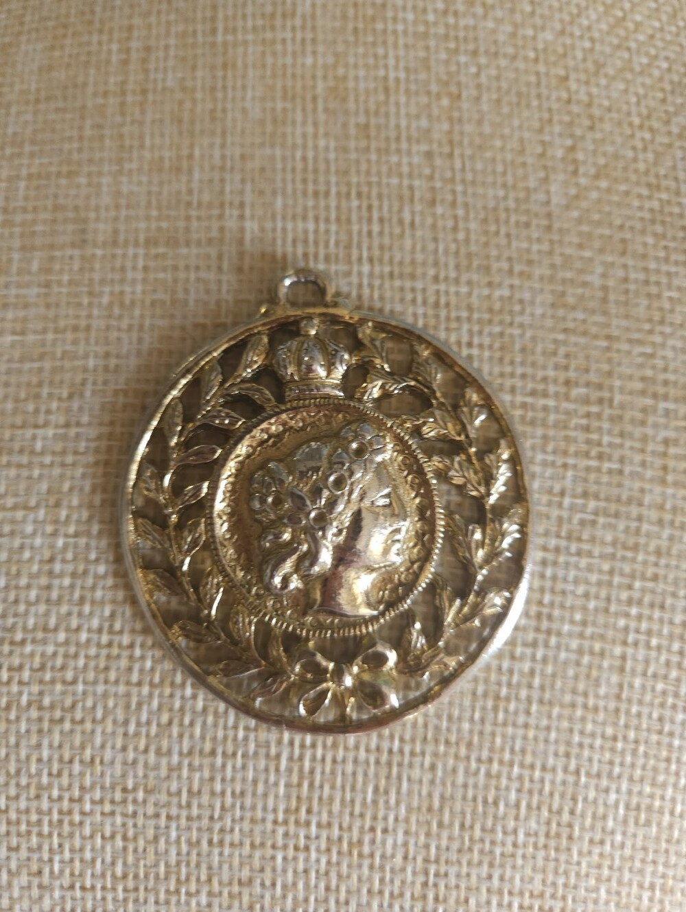 Vintage Two-Tone Filigree Crown & Portrait Medallion Statement Pendant